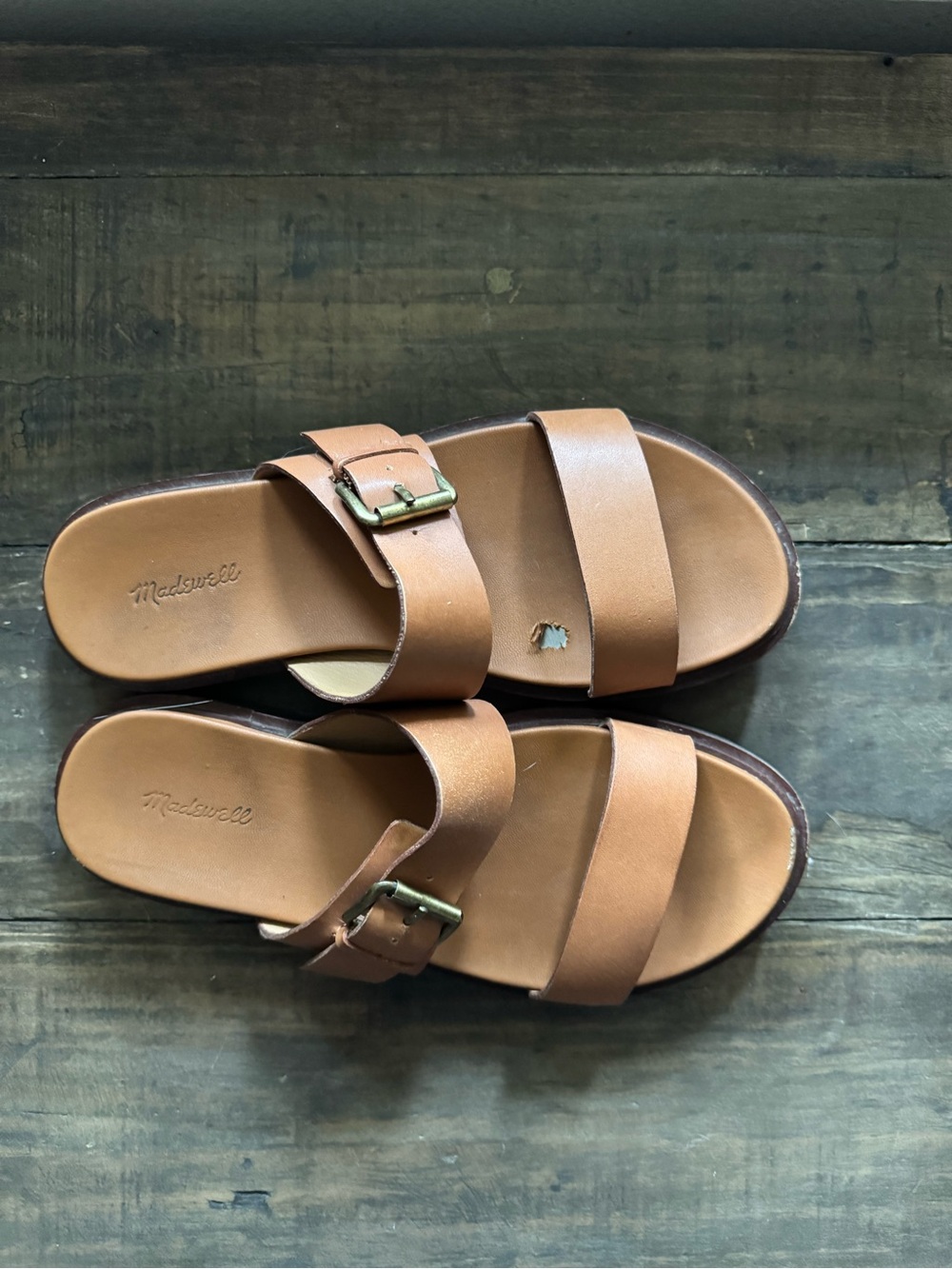 Madewell Cognac Brown Leather Double-Strap Buckle Slides
